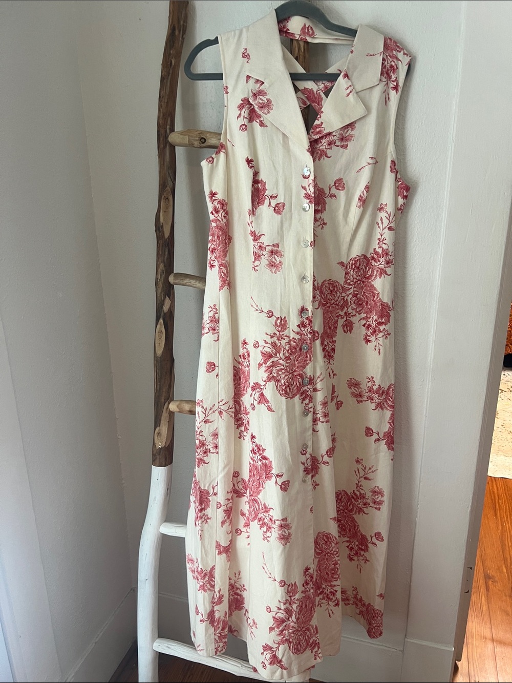 Sheri Martin Vintage Ivoru Cream Maxi Dress with Red Floral Toile Print 14 XL